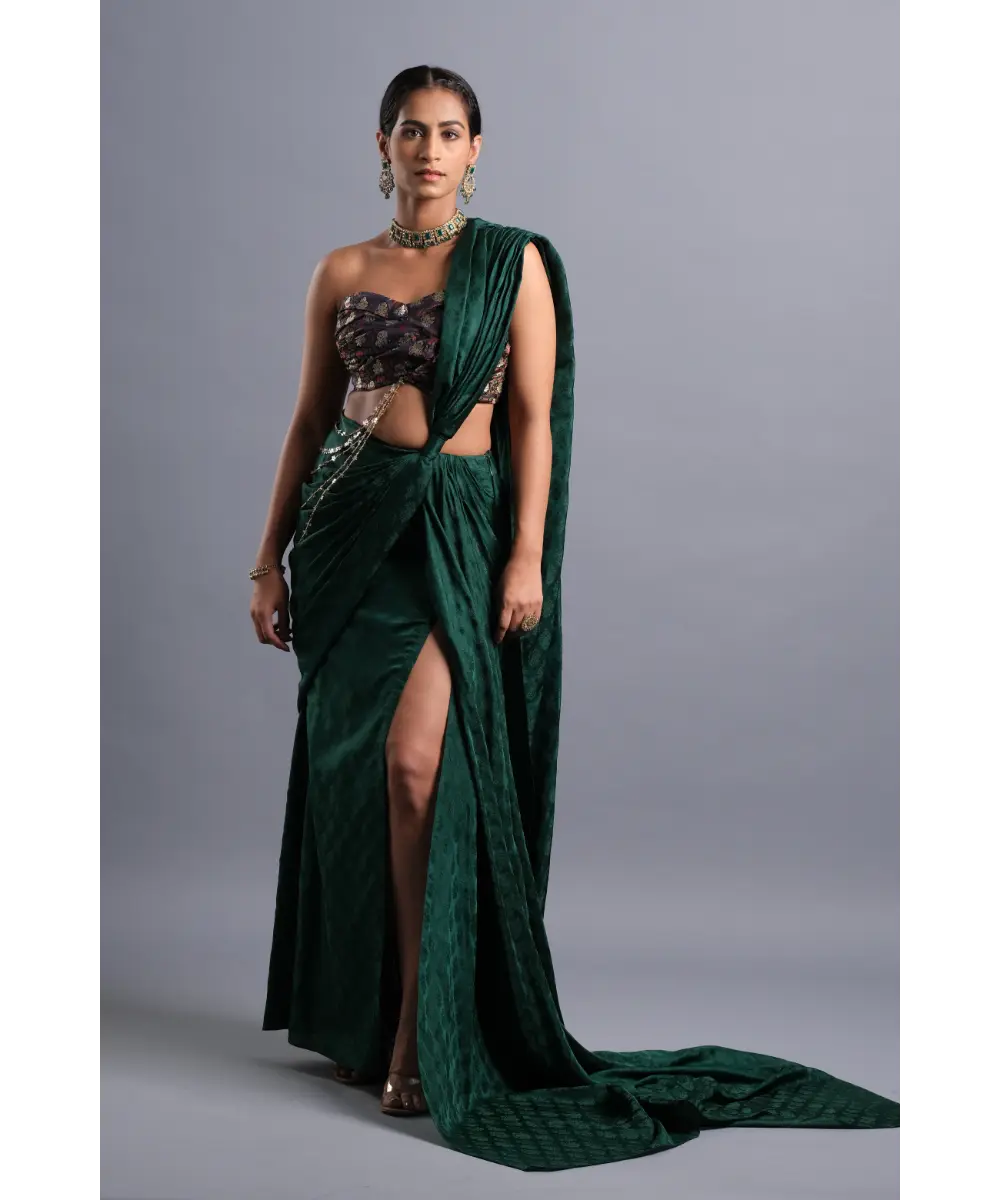 AASTHA SOOD - Emerald green Slit Jacquard silk draped Saree